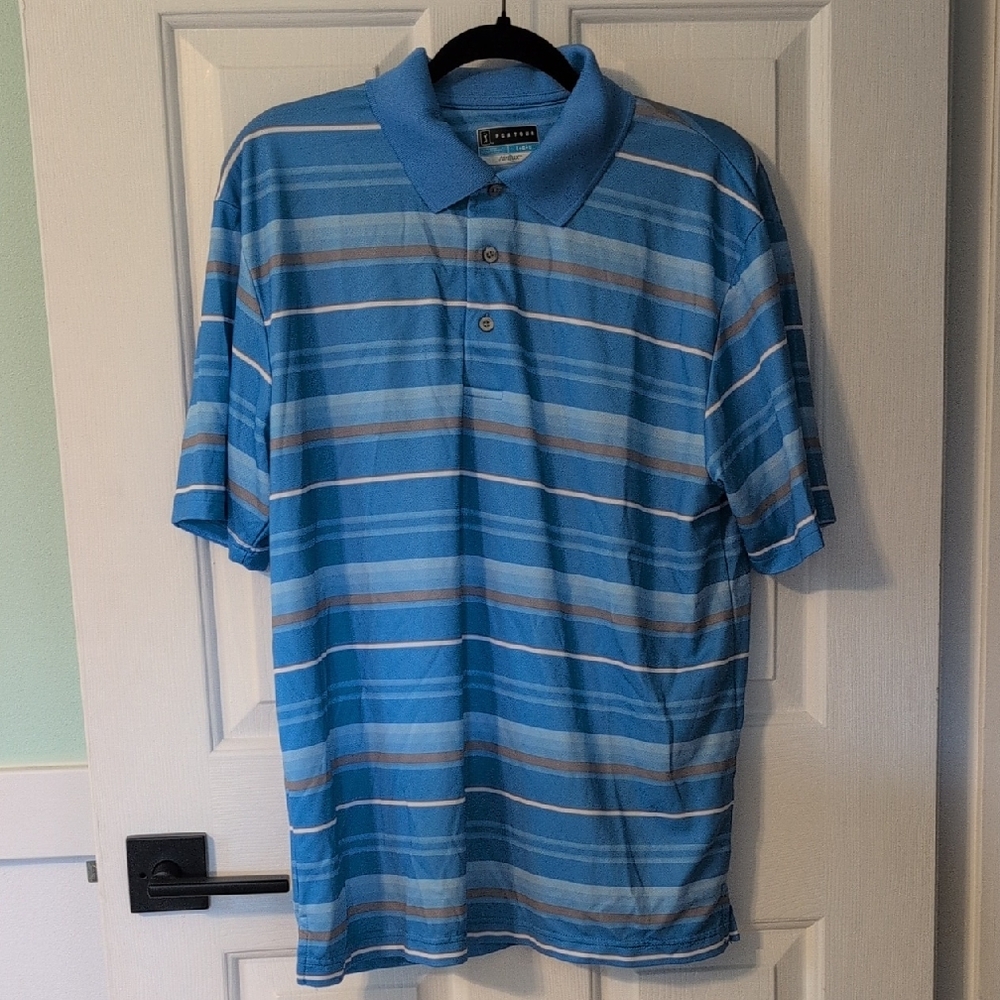 PGA Tour Blue and White Striped Polo Shirt